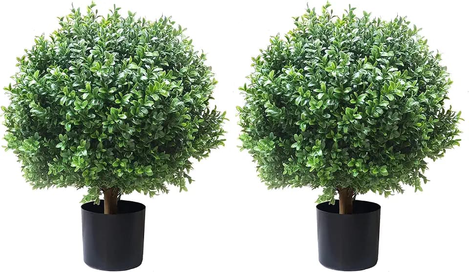 ALL SEASON GREEN 2'T 18''W Boxwood Ball Artificial Topiary Trees Potted Faux Outdoor Plants for Home Porch Decor Set of 2
