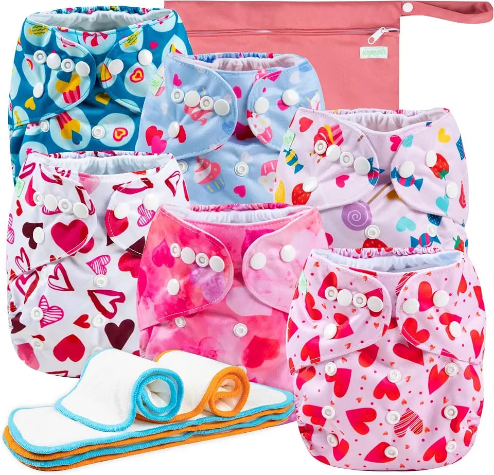 wegreeco Cloth Diapers 6 Pack with 6 Inserts & 1 Wet Bag, Washable Cloth Diapers for Babies, One Size Adjustable Reusable (Colorful Summer)