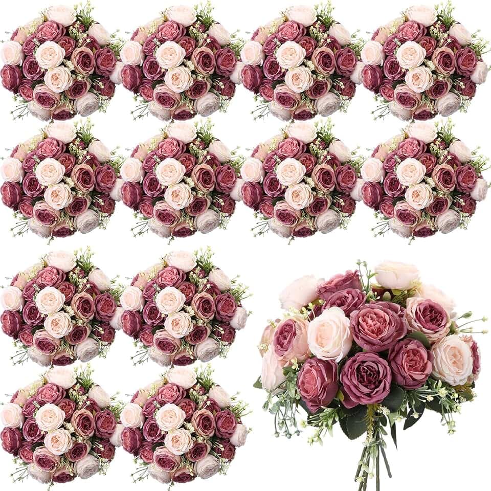Geosar 24 Bundles Artificial Peonies Flowers,Dusty Pink, Dusty Rose