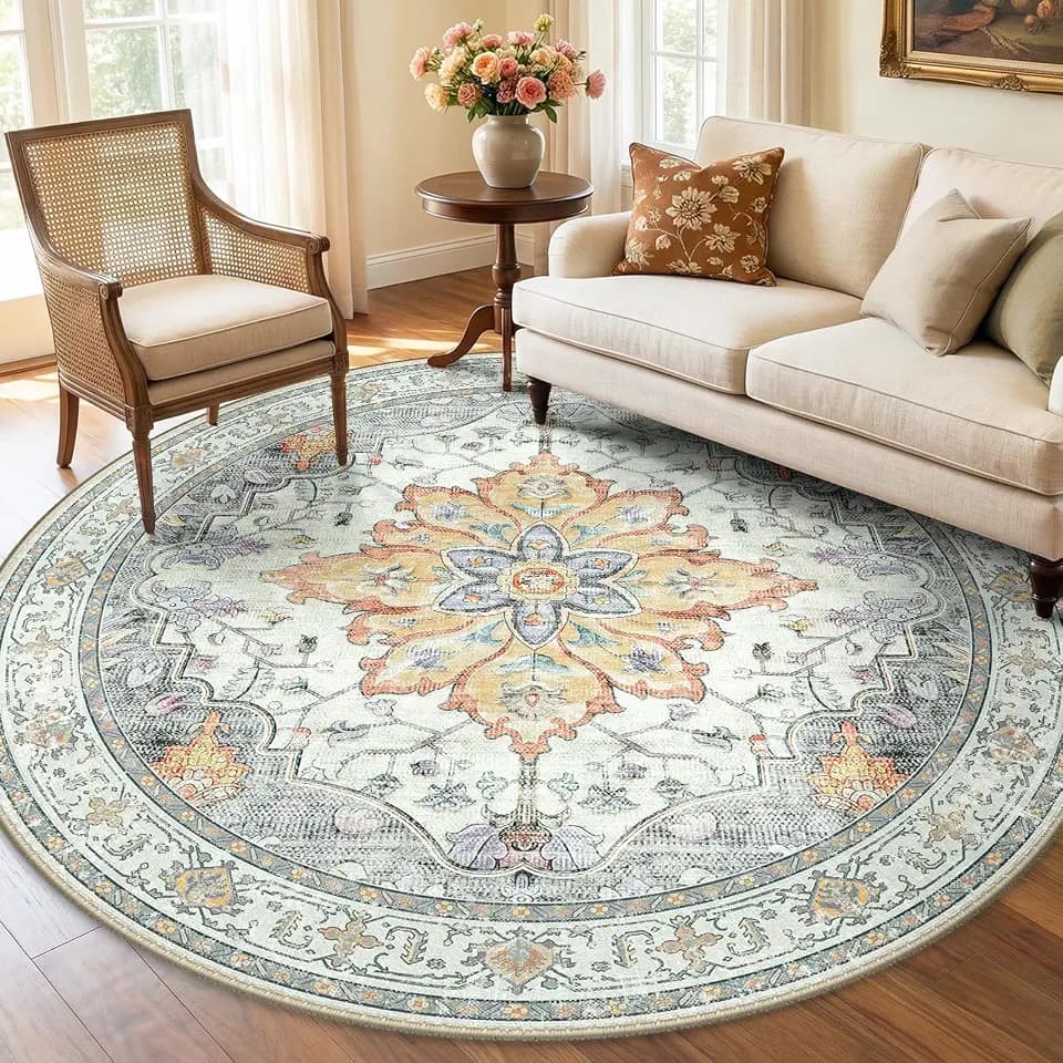 RELEANY Washable Area Rug, Round 6ft, Beige/Carbon Grey/Orange