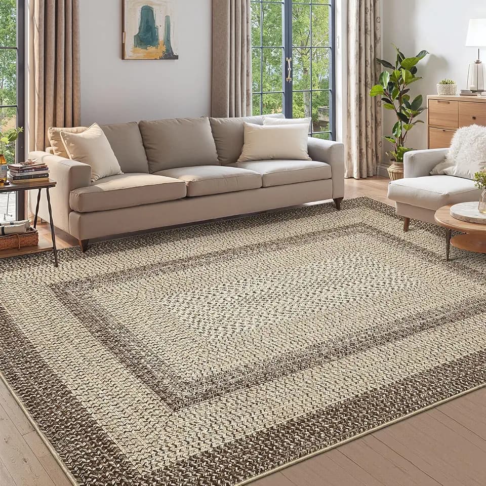 Imitation Braided Collection-Print 10x13 Area Rug for Living Room Large Washable Rug with Non-Slip Rubber Backing, Non-Shedding Stain Resistant Thin Foldable Carpet - Brown/Natural