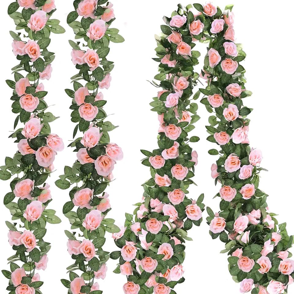Aneco 4 Pack 32 FT Pink Flower Artificial Rose Vines Roses Fake Vine Flowers Plants Party Supplies for Holiday Wedding Garden Craft Art Decoration