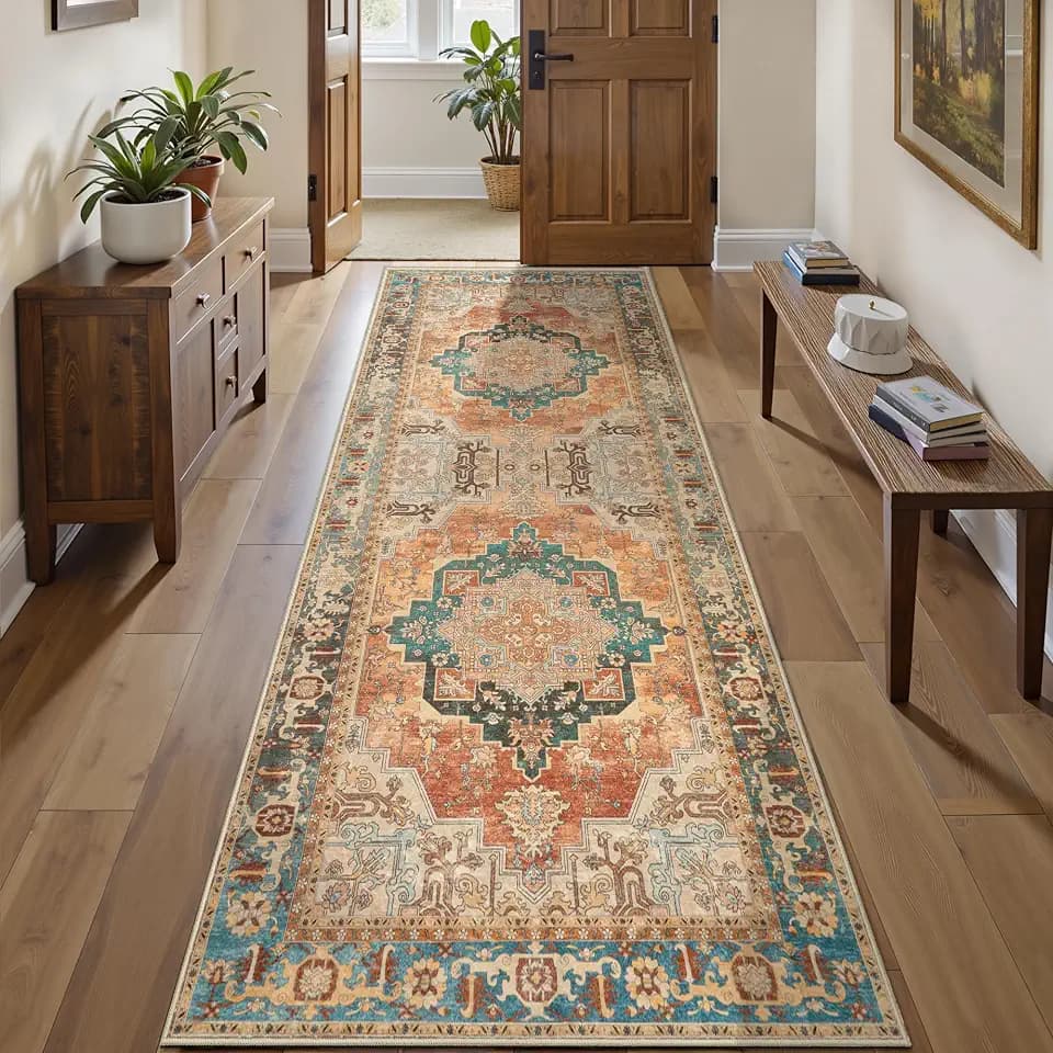 Orange 2.6x8 Washable Runner Rug for Hallways, Oriental Non Slip Runners