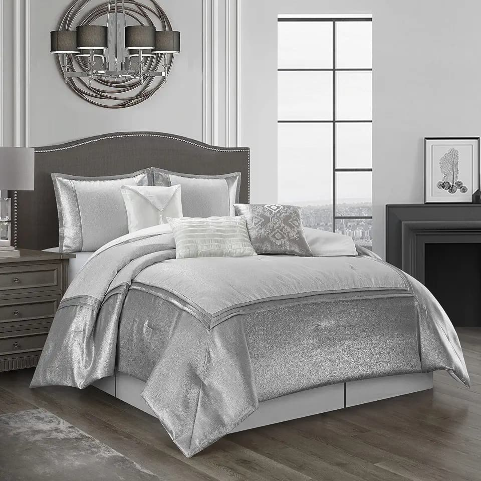 Stratford Park White/Grey King Bed Comforter Set, 7 Piece Silver Bedding Set, Ultra Soft, Premium Microfiber, Pillow Shams Bedskirt, Home Decor
