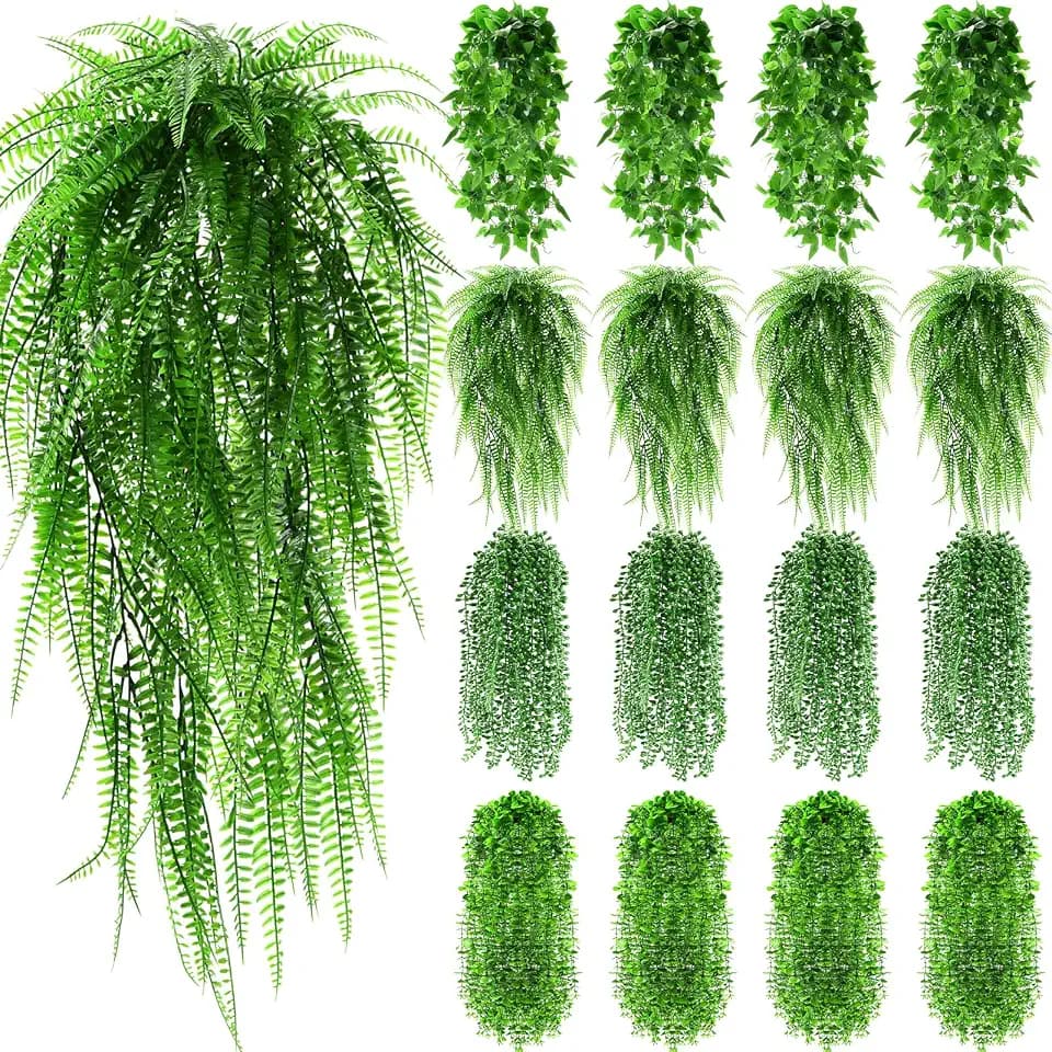 Daifunli 16 Pcs Artificial Hanging Plants Fake Hanging Ferns Plastic Faux Plants for Wall Room Garden Garland Indoor Outdoor Decor No Basket (Boston,Eucalyptus,Ivy Vine,String of Pearls)