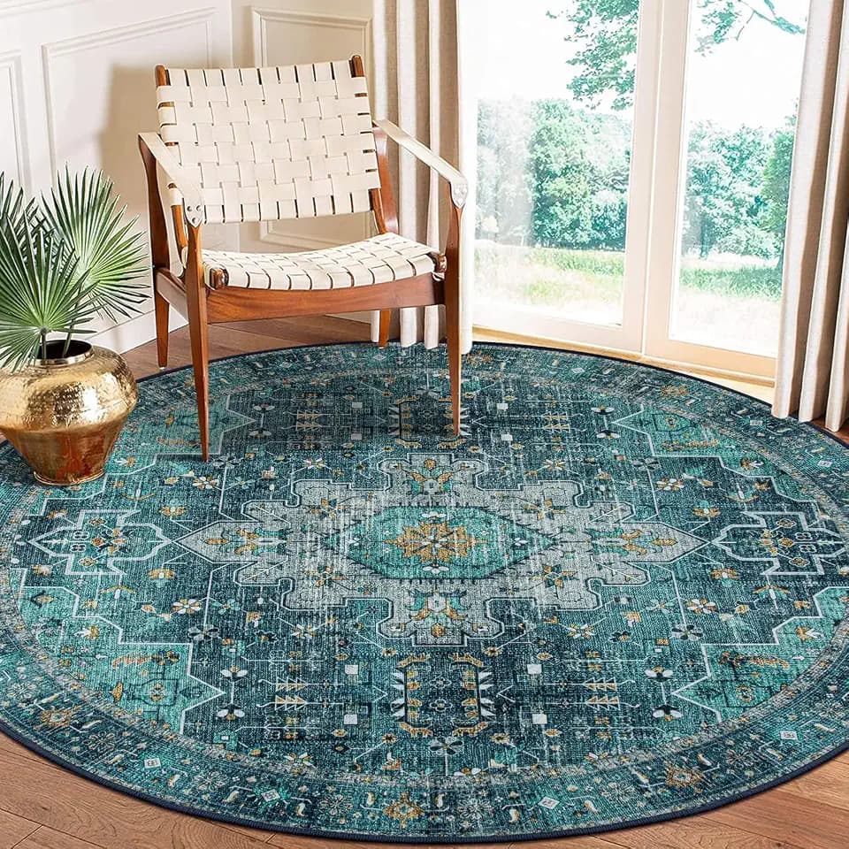 Moynesa Ultra-Thin Washable Round Rug - 6ft Teal Large Living Room Circle Area Rugs, Vintage Dining Room Mat Stain Resistant Nursery Carpet for Bedroom Mudroom Kitchen Apartment Home Office
