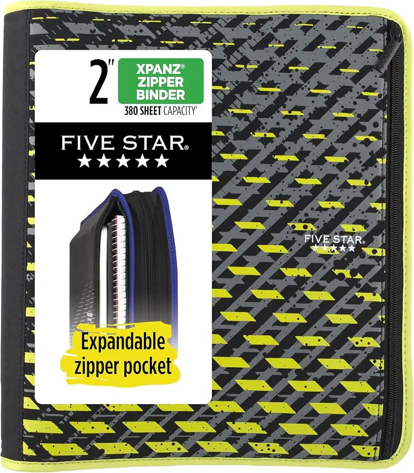 Five Star Zipper Binder, 2 Inch 3-Ring Xpanz Case Binder with Expansion Panel, Removable Pencil Pouch, 380 Sheet Capacity, Sport Lime (280177FA)