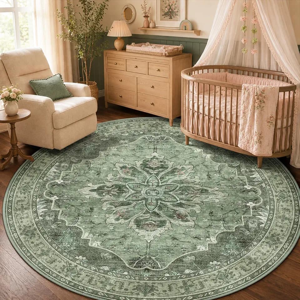 RELEANY Washable Area Rug, Round 5ft, Green/Dark Green/Gray