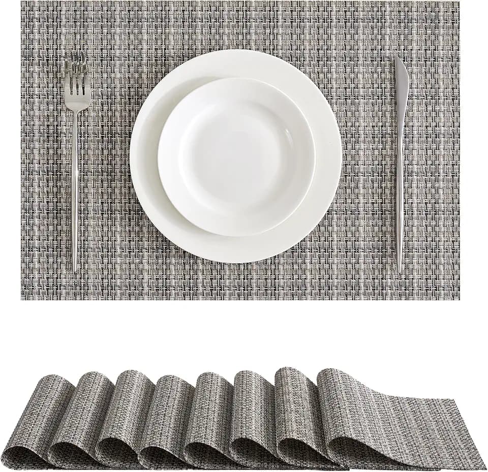 Woven Vinyl Placemats Set of 8, Beige Gray