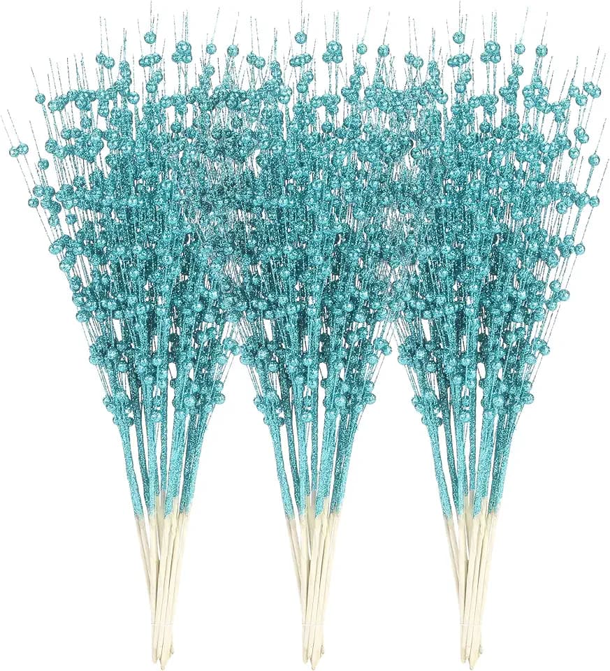 Sea Team Glitter Berry Picks, Artificial Berry Stems, 24-Pack, Turquoise