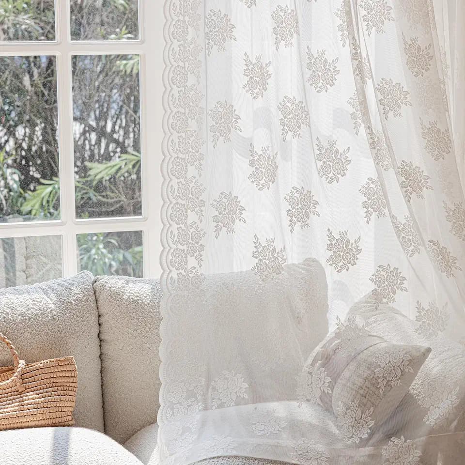 Ivory Lace Curtains 84 Inches Long Vintage Rose with Scalloped Edges