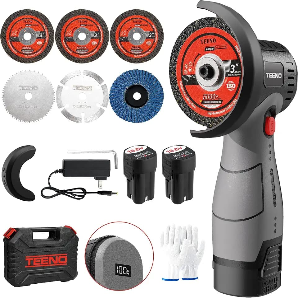 TEENO Brushless Cordless Angle Grinder 3", 16.8V Cut-Off Tool, LED, Gray