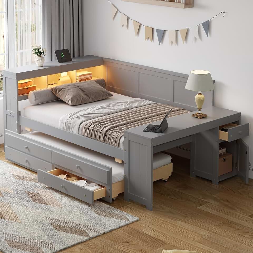 Ball & Cast Full Size Daybed with Trundle,Wood L-Shaped Platform Bed w/Storage Shelves & Drawers,Space-Saving Bedroom Furniture,Charging Station,LED Light,Desk and Cabinet,for Dorm,Apartment,Gray