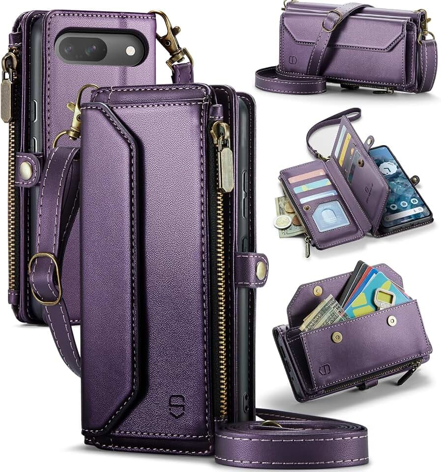 Strapurs Crossbody Wallet Case Compatible with Google Pixel 9/9 Pro RFID Blocking 10-Card Holder Soft PU Leather Magnetic Snap Shoulder Strap Zipper Phone Case Fit for Pixel 9/Pixel 9 Pro - Purple