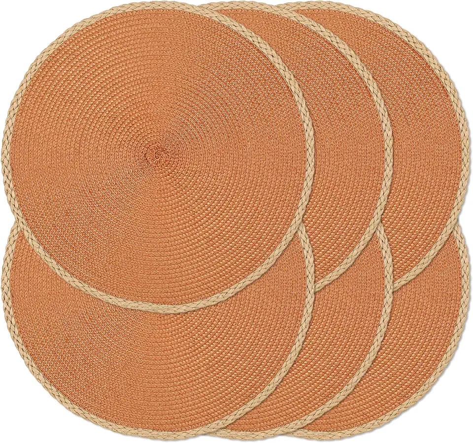 Round Placemats Set of 6, Woven Table Mats, Thin Edge, Orange