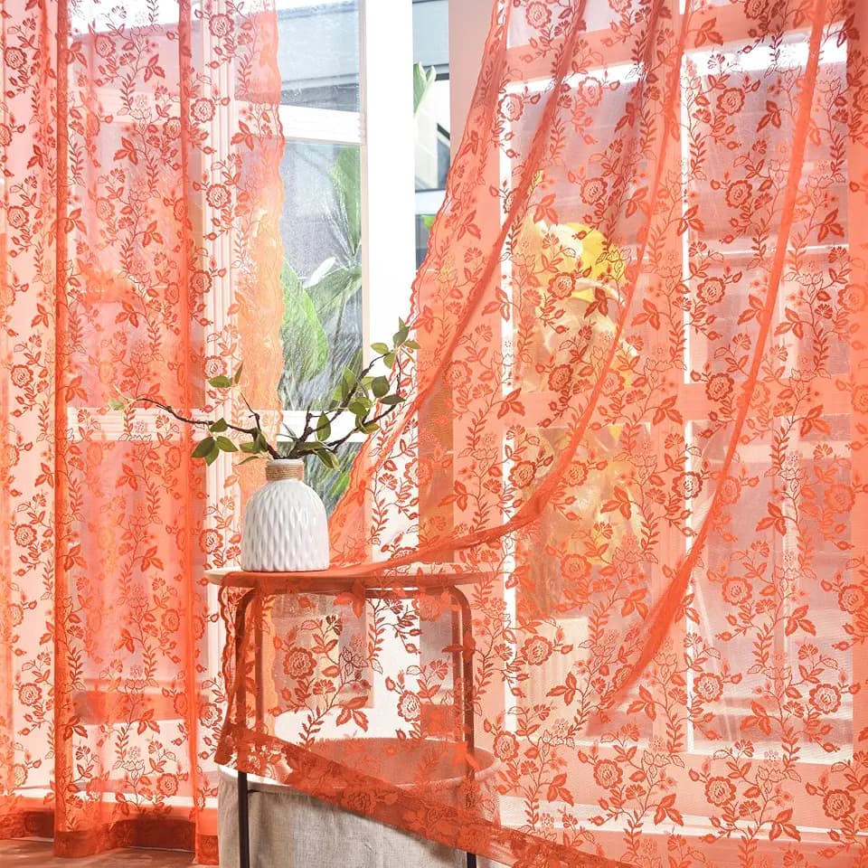 Burnt Orange Floral Lace Curtains for Bedroom 52 x 63 Inch 2 Panels