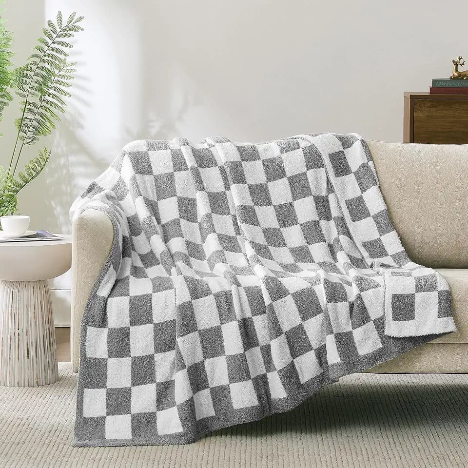 Checkered Throw Blanket for Couch, Soft Cozy Warm Knitted Blankets