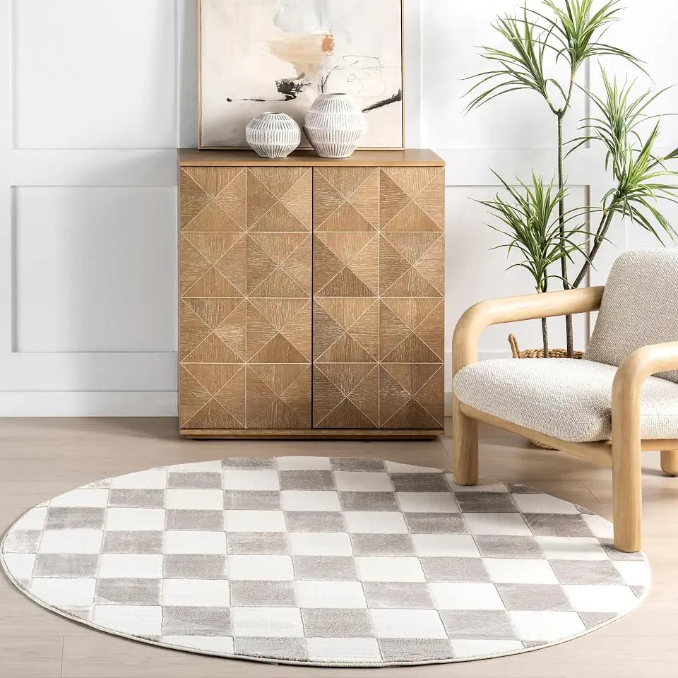 nuLOOM Zhuri Cream Checkered Washable Area Rug, 6' Round
