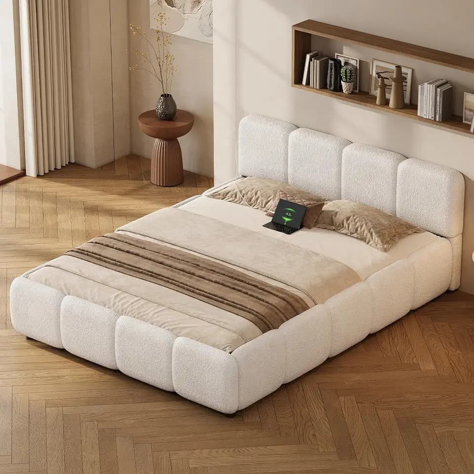 Full Size Cloud Boucle Upholstered Platform Bed Frame w/USB Ports