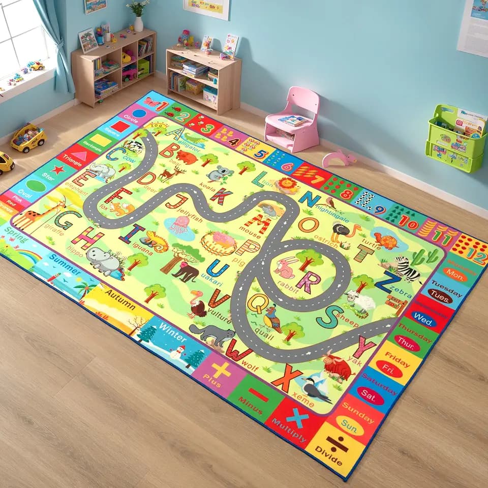 Terrug Education Kids Rug for Classroom, Washable ABC Play Rugs 3x5 Green