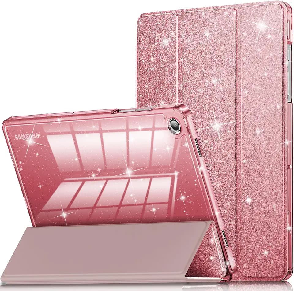 INFILAND Hülle für Samsung Galaxy Tab A11+/A9+11 Zoll (2023/2025),Glitzernde Schutzhülle mit funkelnder transparenter Rückseite für Mädchen und Kinder, Auto Schlaf/Wach (Roségold)