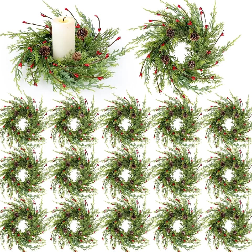 18 Pcs Artificial Christmas Candle Rings 9 Inch Cedar Pine Garland Wreaths with Red Berries Pinecones Wreaths Pine Needles Candle Ring Holder for Christmas Winter Decorations Table Centerpiece