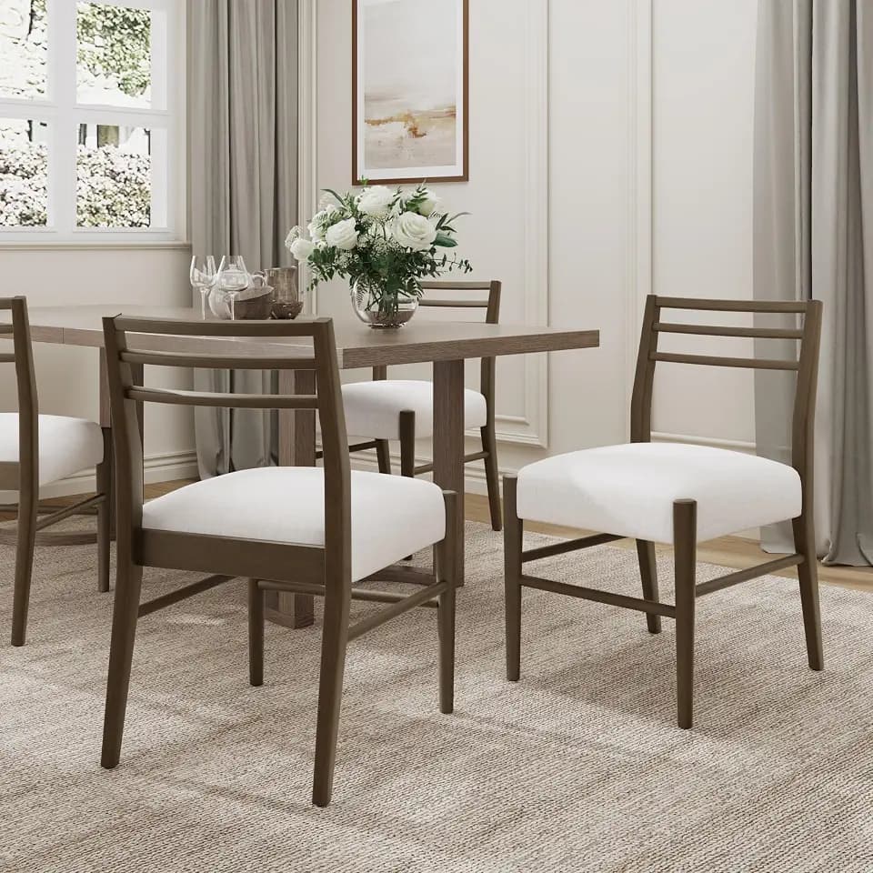 Christopher Knight Home Set of 2 Edina Farmhouse/Country Fabric Upholstered Dining Chairs, Rubberwood Frame, Ladder Backrest, Kitchen Armless Side Chair Chair,Thick Cushion, Milky White+Walnut