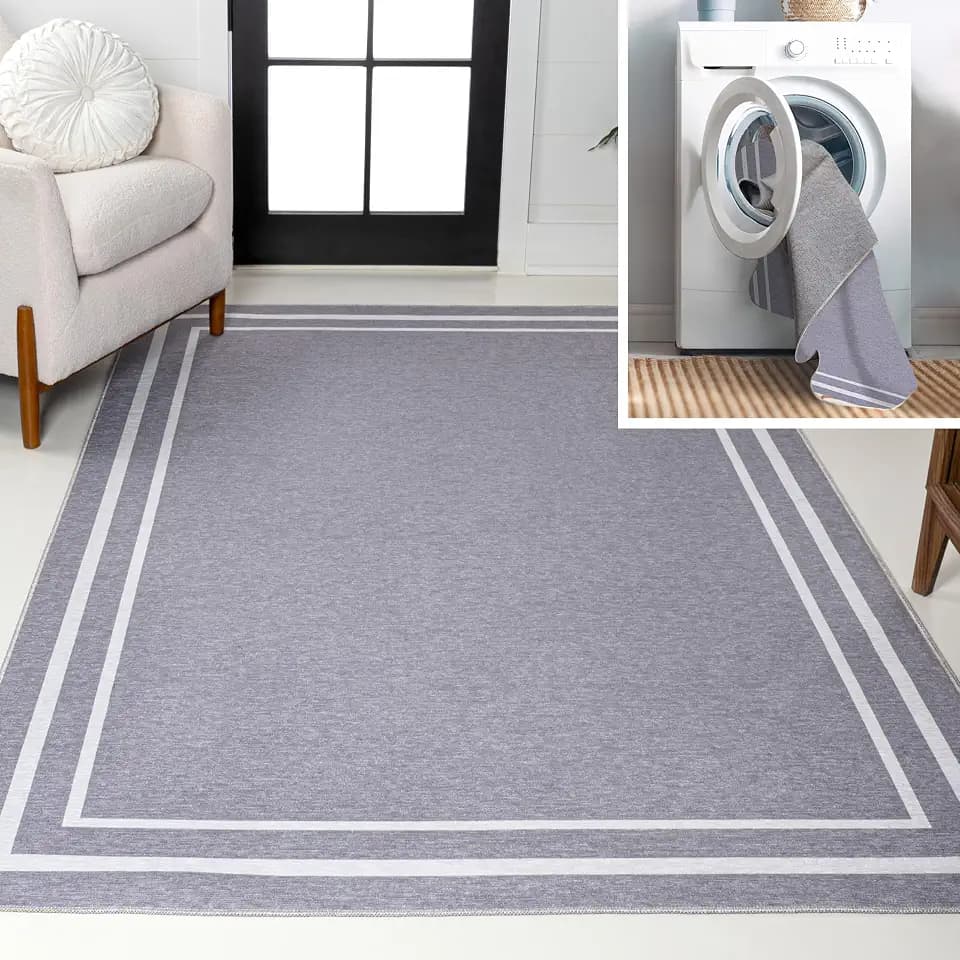 JONATHAN Y Machine Washable Gray/Cream Indoor Area Rug 9X12 ft, Sloane Classic 2-Stripe Border for Living Room, Bedroom, Kitchen, Office, Easy-Cleaning, Pet-Friendly, Non-Shedding WSH125A-9