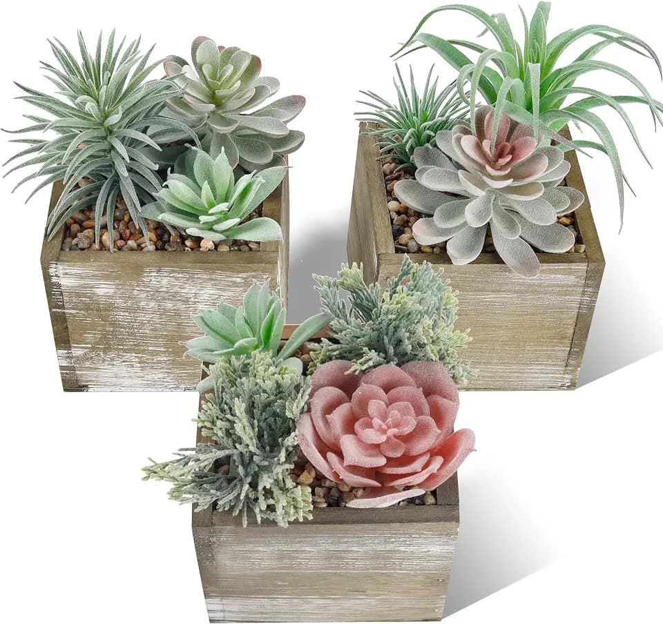 Der Rose 3 Pack Fake Succulents Plants in Wood Pots for Farmhouse Decor