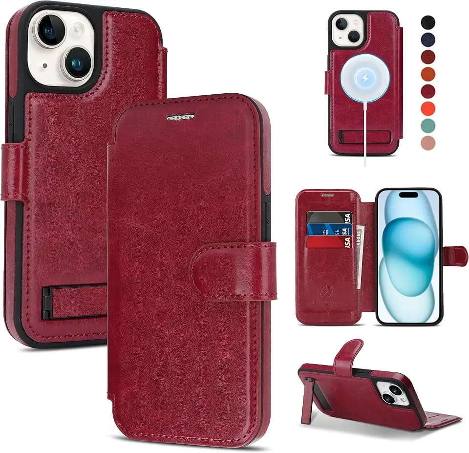 for iPhone 15 Wallet Case with Stand,PU Leather Flip Credit Card Holder Slots (RFID Blocking),Compatible with Magsafe Magnetic Holder Phone Cover Women Men, Wine Red