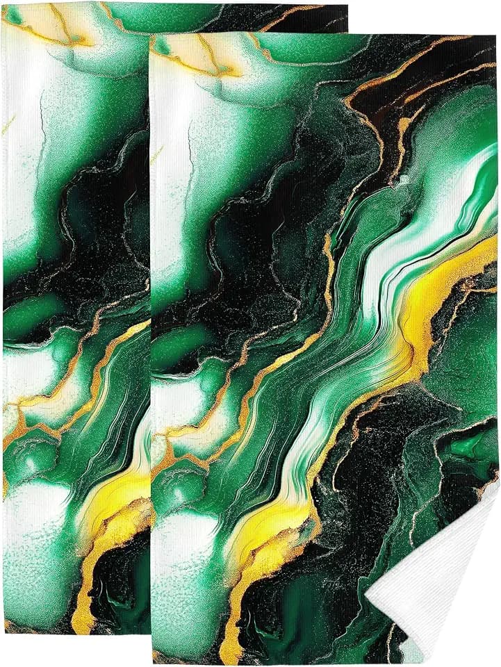 Emerald Dark Green Gold Hand Towels for Bathroom Set of 2 Absorbent Turquoise Marble Decorative Bath Hand Towels Spa Gym Yoga Sport Home Farmhouse Abstract Modern Bathroom Decor