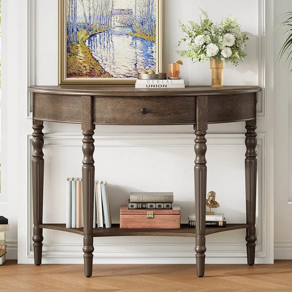 Merax Farmhouse Half Moon Console Table with Drawer & Shelf, Rustic Accent Table for Entryway, Living Room, Hallway and Foyer, Walnut