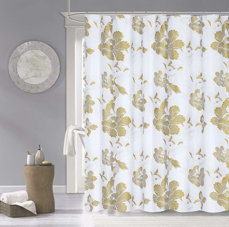 Cotton Soft Textured Shower Curtain - Floral Burst Gold 70" x 72" - Water Resistant, Perfect for Stylish Bathrooms