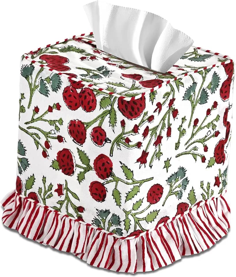 Ridhi Red Garnet Hand Block Print Ruffle Tissue Box Cover Square