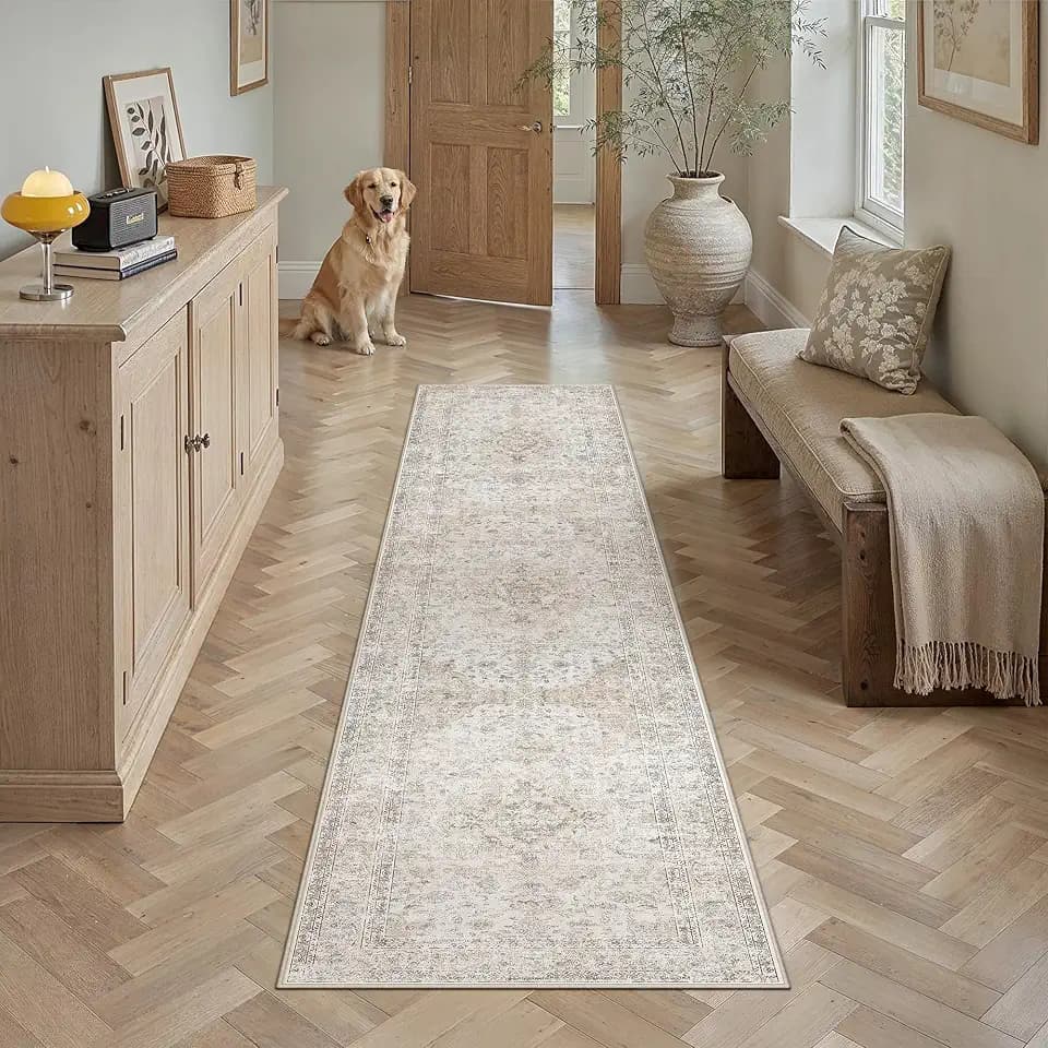 3x8 Washable Runner Rug Beige Grey Non Slip Vintage Carpet