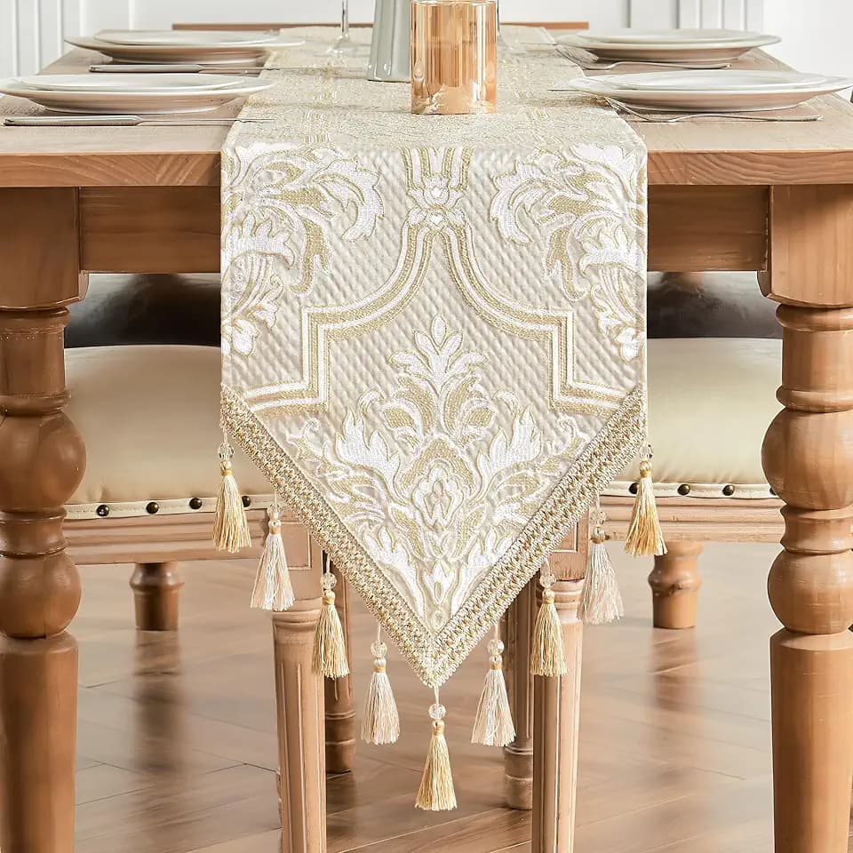 Loom and Mill Elegant Damask Jacquard Table Runner 13x108 inch, Beige Gold