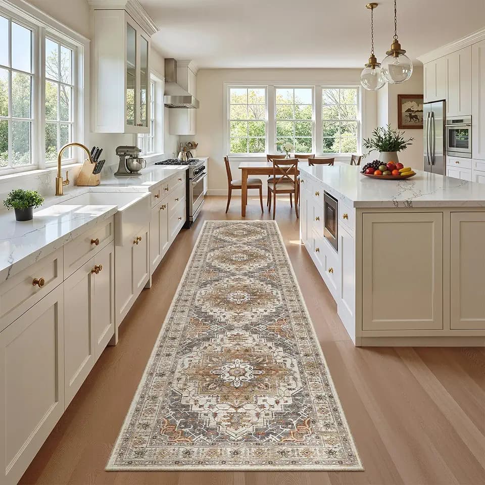 Madane Washable Runner Rugs 2x10 Long for Hallway Kitchen, Turmeric/Grey