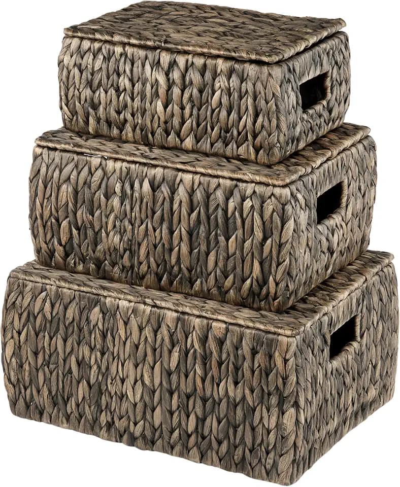 Set of 3 Black Wicker Baskets with Lid - Black Baskets for Organizing, Storage
