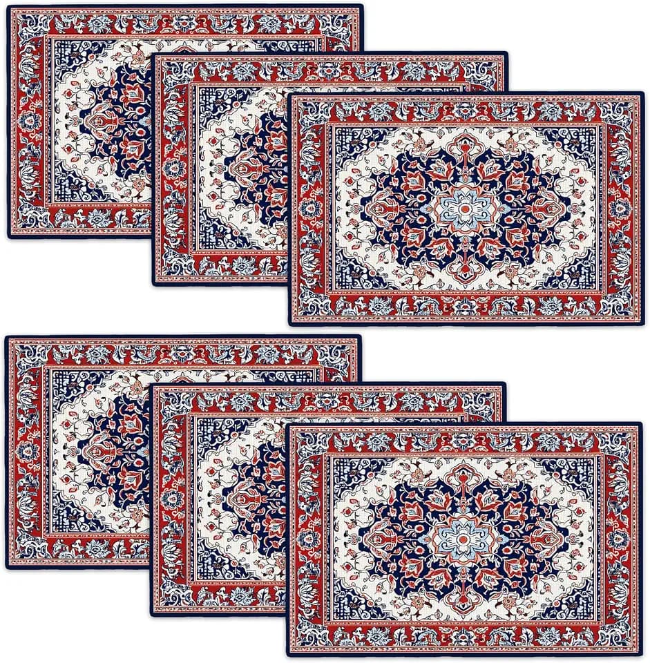 Boho Placemats Set of 6 Traditional Oriental Table Mats Abstract Place Mats Decor Imitation Linen Heat Resistant Blue Red Florals Tablecloth for Dining Decorations Kitchen Party Restaurants 12''x18''