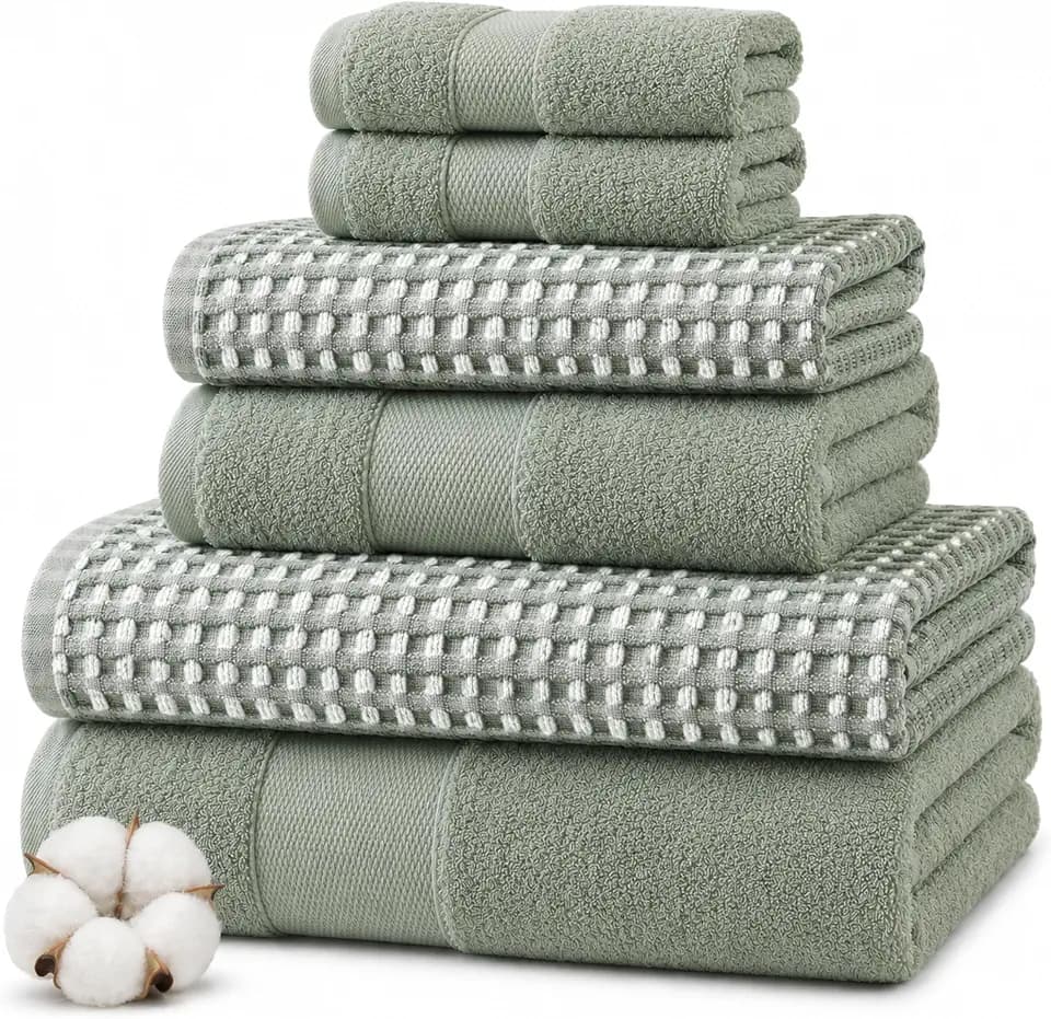 Modern Threads 6 Piece Bath Towel Set – Bathroom Towel Set with 2 Bath Towels, 2 Hand Towels & 2 Washcloths – 100% Cotton, Soft & Absorbent – Waffle (Deep Sage)