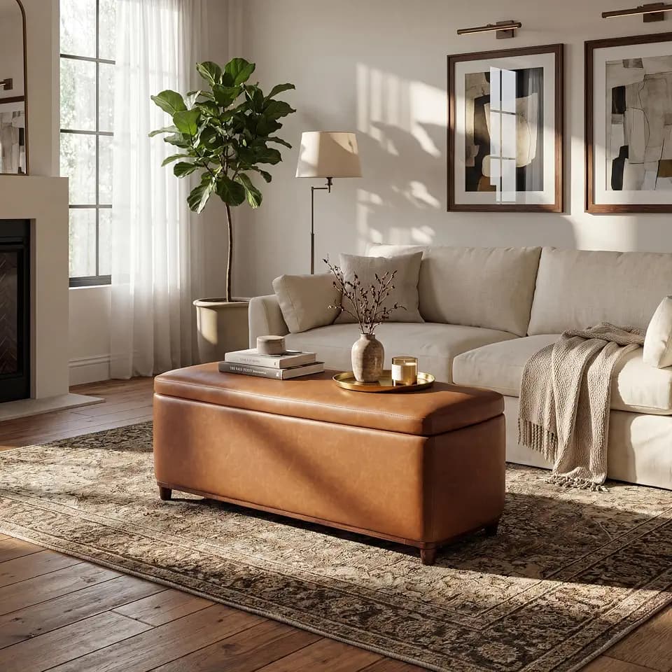 Christopher Knight Home Della Living Room Ottoman with Storage, Faux Leather Entryway Storage Ottoman Bench, Rectangular Sofa Foot Stool, Bedroom End of Bed Bench, Shoe Organizer, Tan Brown