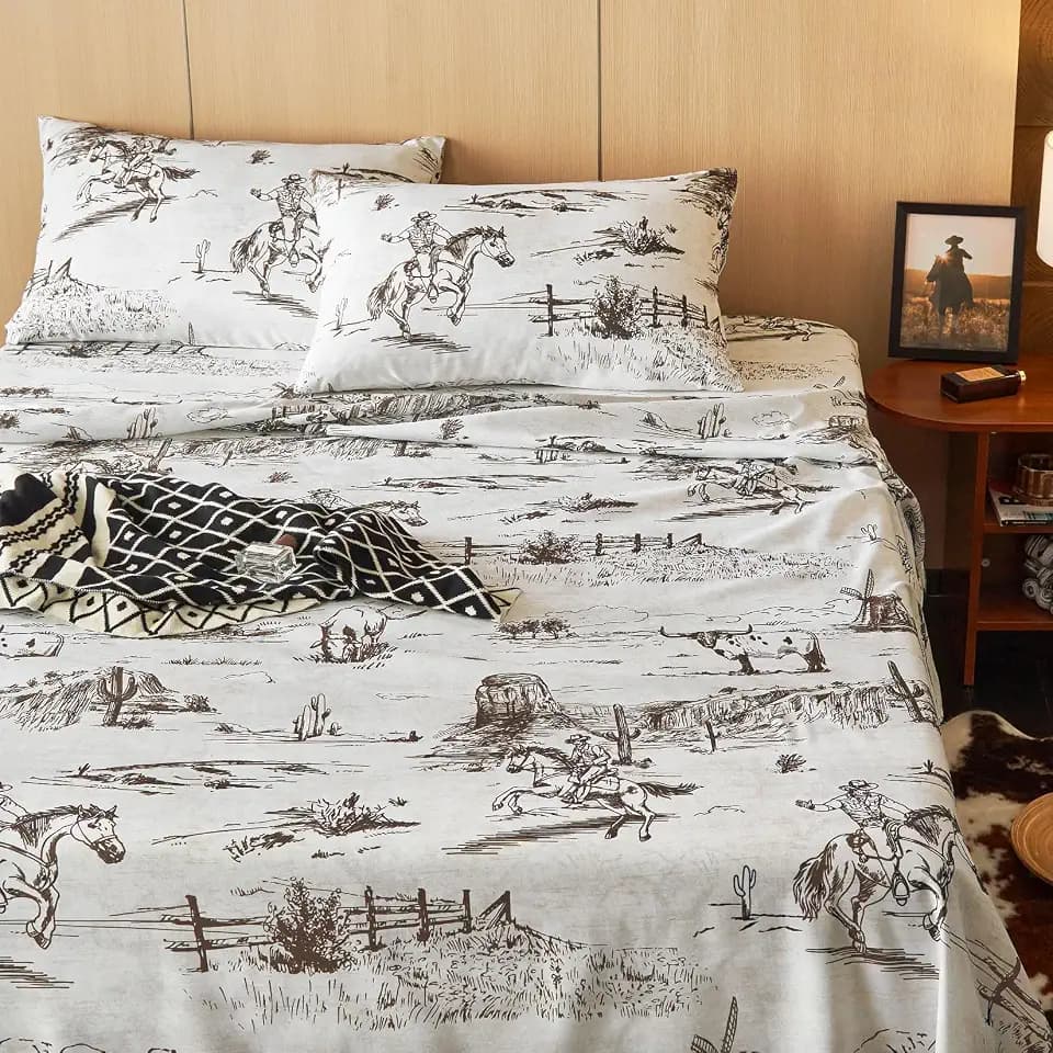 Wake In Cloud - Western Bed Sheets, 4-Piece Sheet Set, Rustic Ranch Life with Cowboy Southwestern Vintage Country Pattern Printed, Deep Pocket, Beige Brown, Queen Size