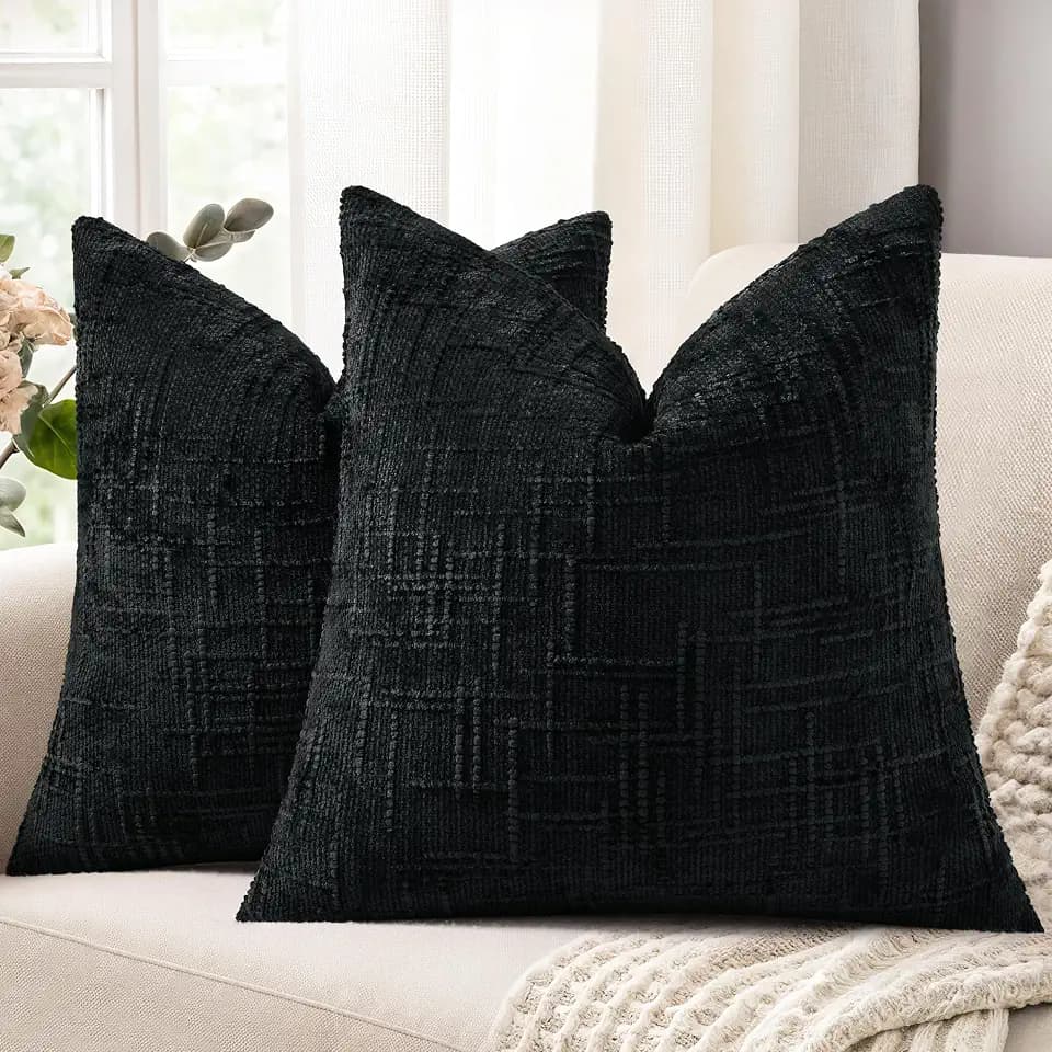 decorUhome Textured Chenille Throw Pillow Covers 22x22 Set of 2 Black