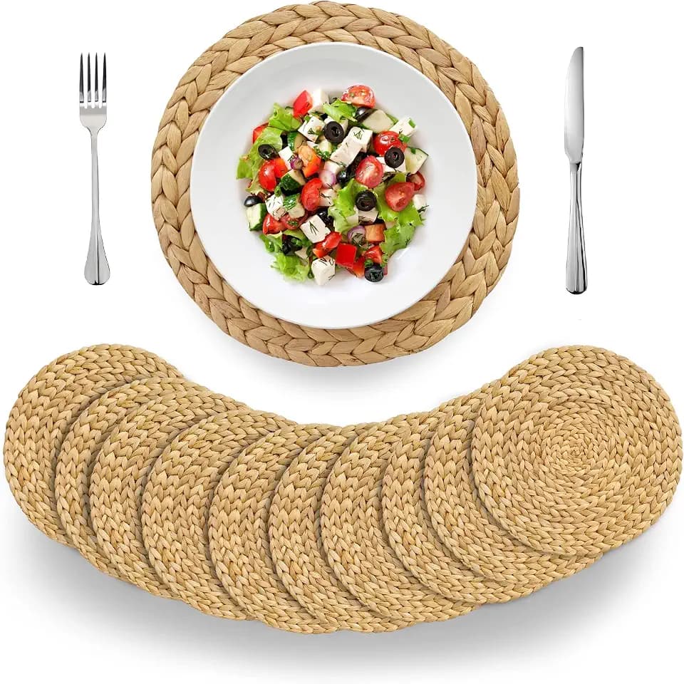 BARIEN Woven Placemats Round Set of 10, Natural Water Hyacinth Weave Placemat for Dining Table, Large Handmade Woven Placemats Heat Resistant Non-Slip (12")