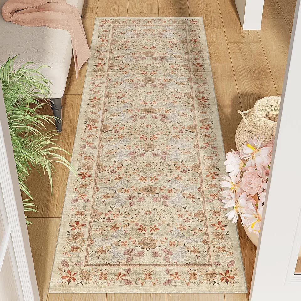 DUKINO 2x6 Runner Rug, Washable Vintage Floral Kitchen Rug, Beige