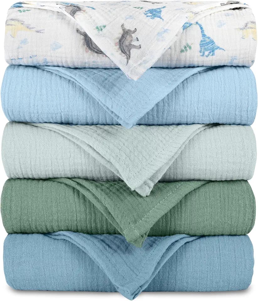 Muslin Receiving Blankets 5 Pack, Soft Swaddle Wraps for Newborn Babies