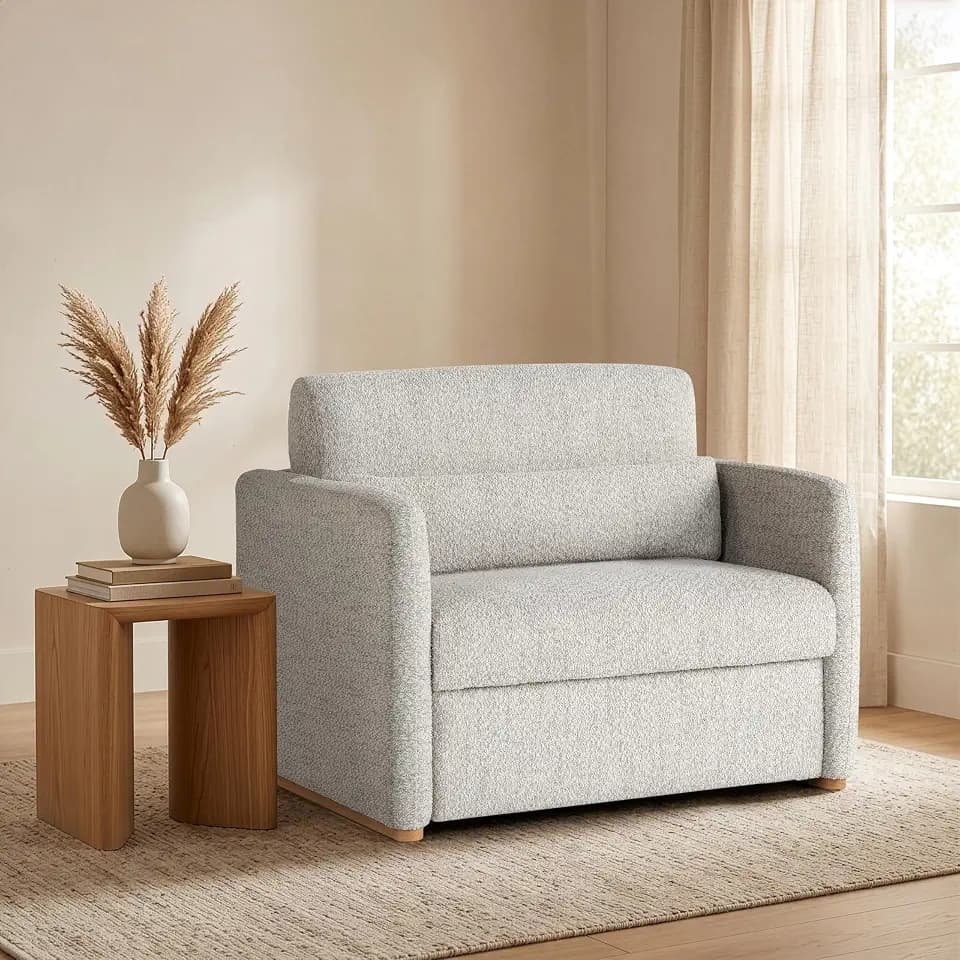 Serta® Tahoe 46″ Twin Size Convertible Chair, Modern, Track Arm, Dream Coils®, Boucle Fabric