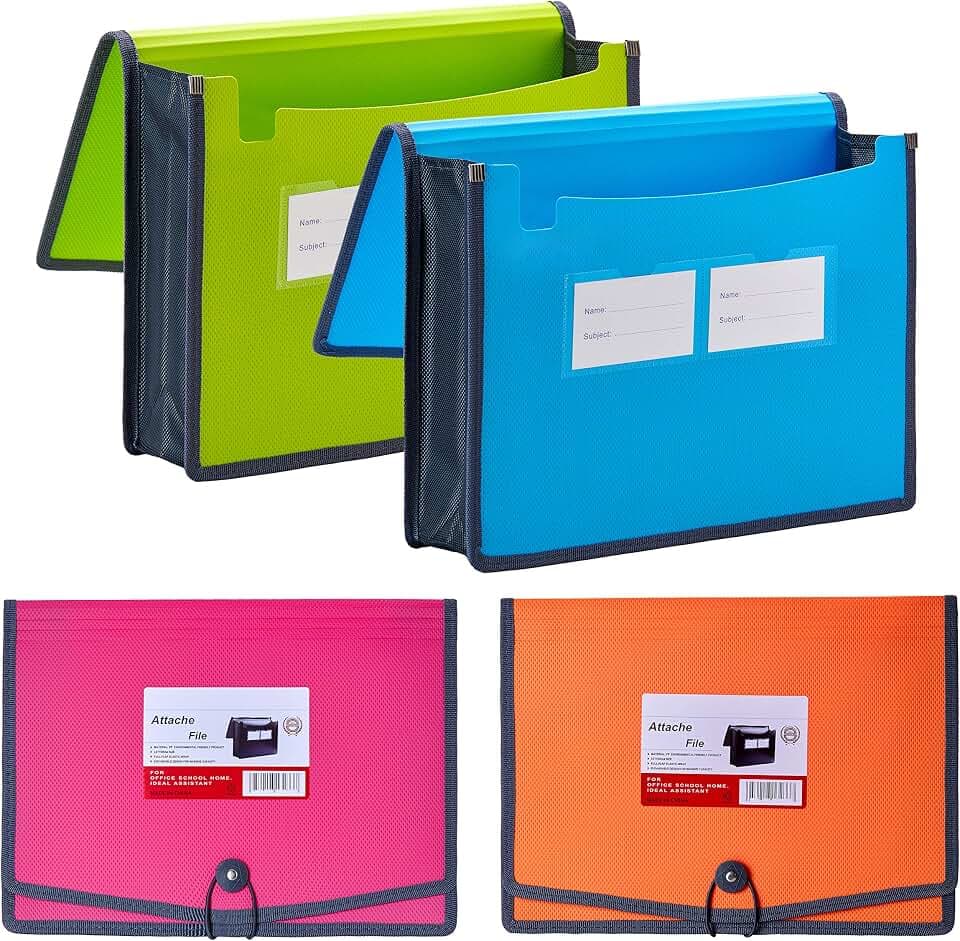 FANWU 4 Pack Plastic Expanding File Wallet Document Organizer with Elastic Cord & Button Closure, Letter Size, 3.5" Expansion, Poly A4 Expandable File Folder for School Office & Home Organization