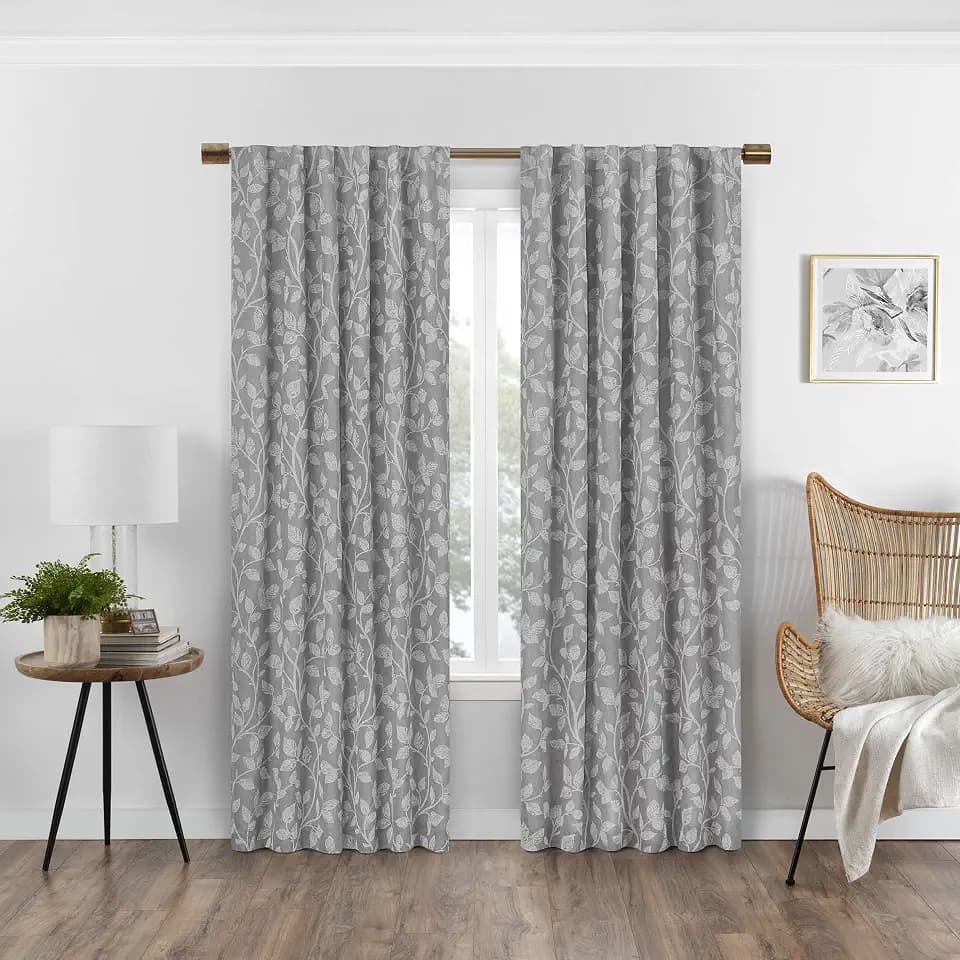 Eclipse Absolute Zero Nora Botanical Blackout Thermal Insulated Rod Pocket Curtains for Bedroom, Single Panel, 50" x 95", Grey