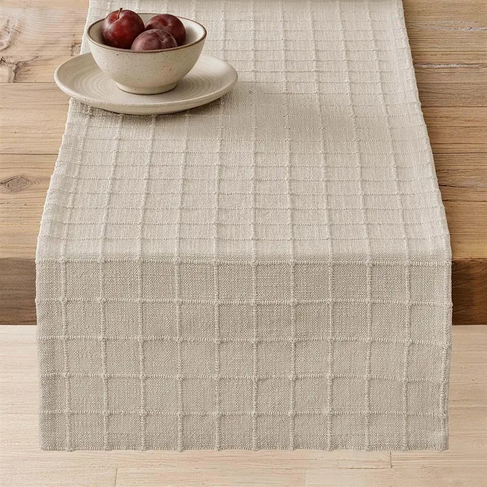 ZeeMart Artisanal Grid Linen Table Runner, 13x90 Inches Neutral Beige